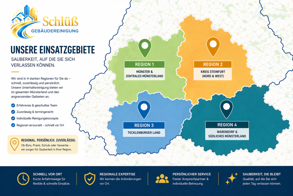 Gebäudereinigung Einsatzgebiete Münsterland – Schlüß Gebäudereinigung Gebäudereinigung Einsatzgebiete im Münsterland mit den Regionen Münster und Umgebung, Kreis Steinfurt, Tecklenburger Land sowie Warendorf – Schlüß Gebäudereinigung für Privat und Gewerbe